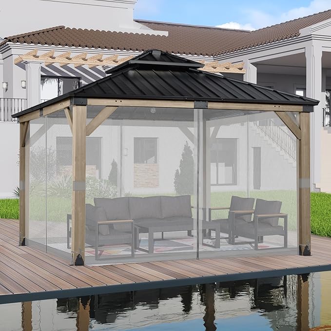 BPS 12' x 12' Gazebo Universal Mosquito Netting Screen Replacement, 4-Panel Screen Walls with Double Zippers for Outdoor Patio, Gray (Mosquito Net Only)