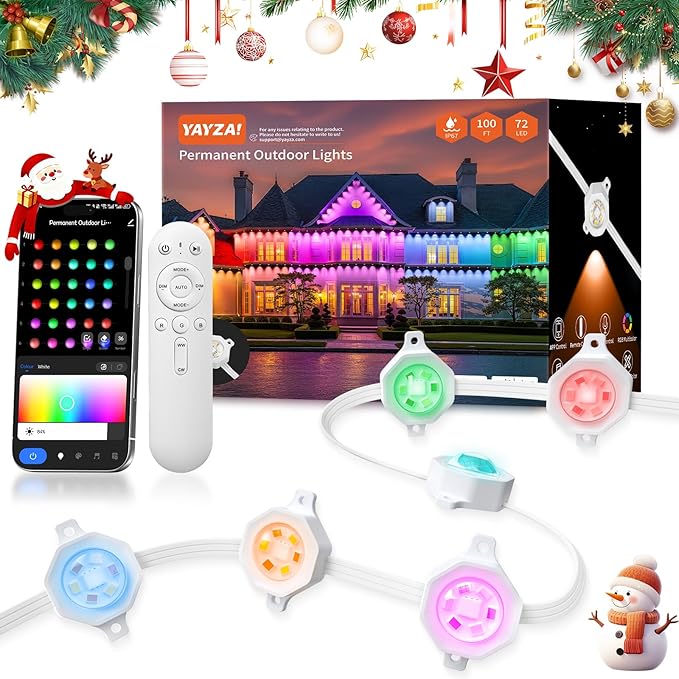 YAYZA! Permanent Outdoor Lights Pro,100ft 72 LED Smart RGB+IC+Warm/Cool White Christmas Eave Lights, 135lm, Music Sync & DIY Scenes, IP67 Waterproof for Outside Decor Works with Alexa,Google, Remote