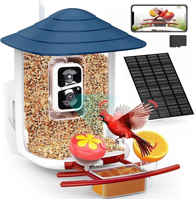 birdsnap® TUC Smart Bird Feeder with Camera 2K HD, Solar Panel 32GB Card 4-in-1 Perch, 160°View Auto Detect & Notify AI Identify Video Bird Camera Wireless Outdoors Ideal Gift for Birds Lover