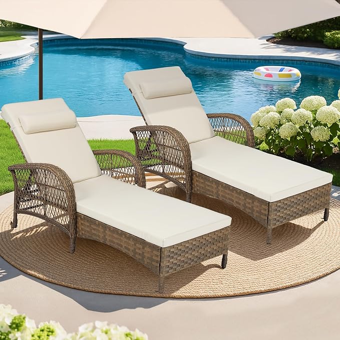 MEETWARM Outdoor Wicker Chaise Lounge Chair Set of 2, 77" Long All Weather PE Rattan Patio Lounge Chair, 6 Position Adjustable Pool Reclining Sunbathing Chair for Outside, Armrest & Head Pillow, Beige