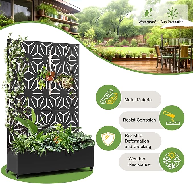 FENCY Metal Raised Garden Bed with Wheels and Trellis,73"x47"x16" Planter Box for Climbing Plants, Vegetables & Vines, Features Privacy Screen and Drainage Holes (Black-Star)