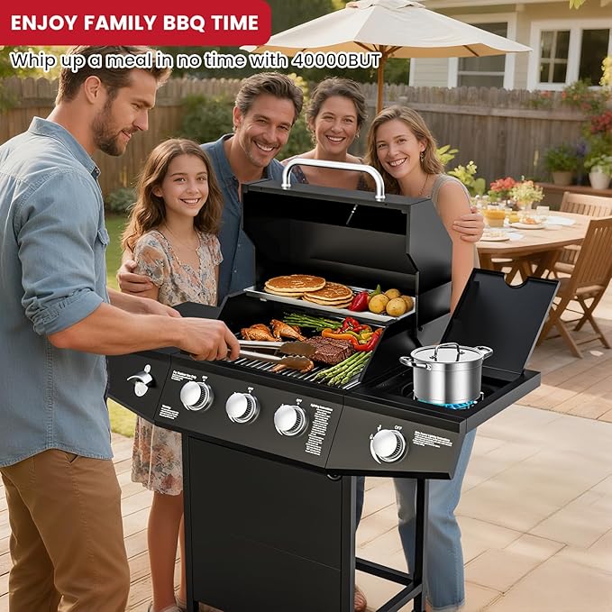40,000 BTU Propane Grill, 3 Burner BBQ Barbecue Gas Grill with Side Burner and Stainless Steel Grates for Patio, Camping, Outdoor Cooking