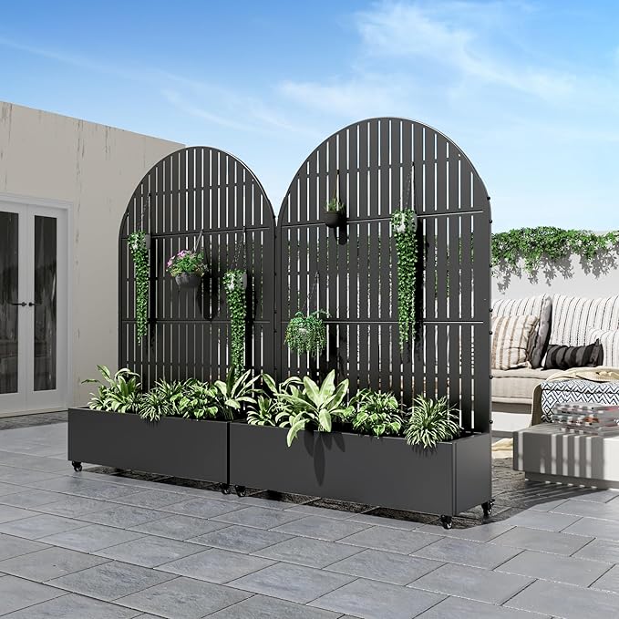 Casaphoria Raised Garden Bed Metal Planter Box with Trellis, 72"x47"x16" for Outdoor Climbing Plants, Flowers Vegetables and Vines Privacy Screen with Wheels and Drainage Holes(Black Vertical)