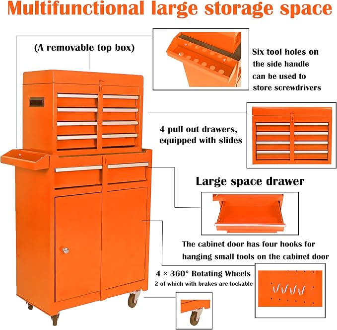 5 Drawer Rolling Tool Chest,Tool Storage Cabinet & Tool Box Cart with Wheels, Big Tools Removable Tool Box Combo,Tools Storage Boxs,Tools Case for Garage Warehouse Workshop (Orange)