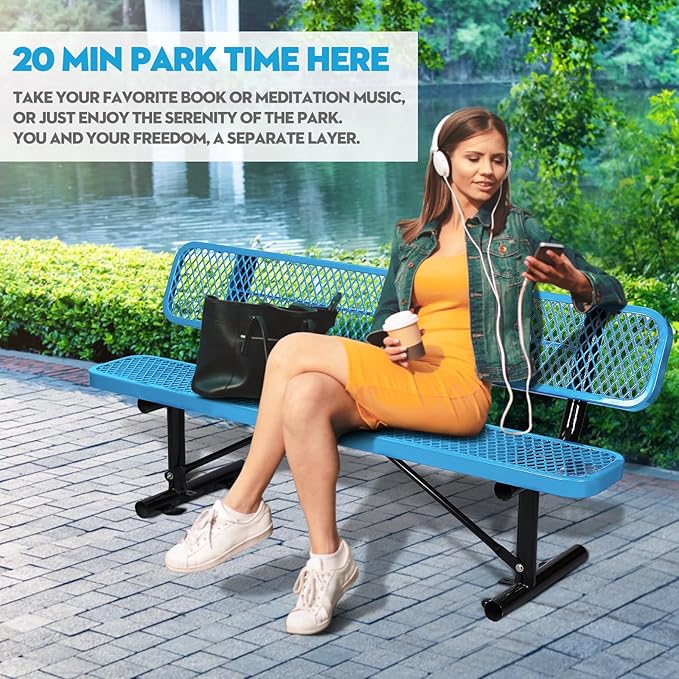 6Ft Outdoor Bench with Back Portable Frame, Outdoor Steel Park Bench with Backrest, Expanded Metal Mesh Bench for Outside, Lawn, Backyard, Park, Garden, Patio, Porch, Blue