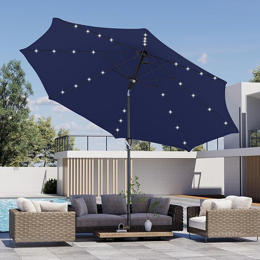 Kingdura 10FT Outdoor Patio Umbrella with Solar Lights, Market Table Umbrella with Push Button Tilt & Crank, 8 Sturdy Ribs, 32 LED Lights, UV Protection for Garden Lawn Deck Backyard Pool (Navy blue)