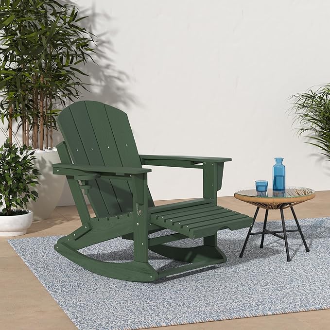 KINGYES Adirondack Rocking Chair with Retractable Ottoman and Cup Holders, HDPE Adirondack Rocker Patio Rocking Chair for Porch, Patio, Balcony, Green