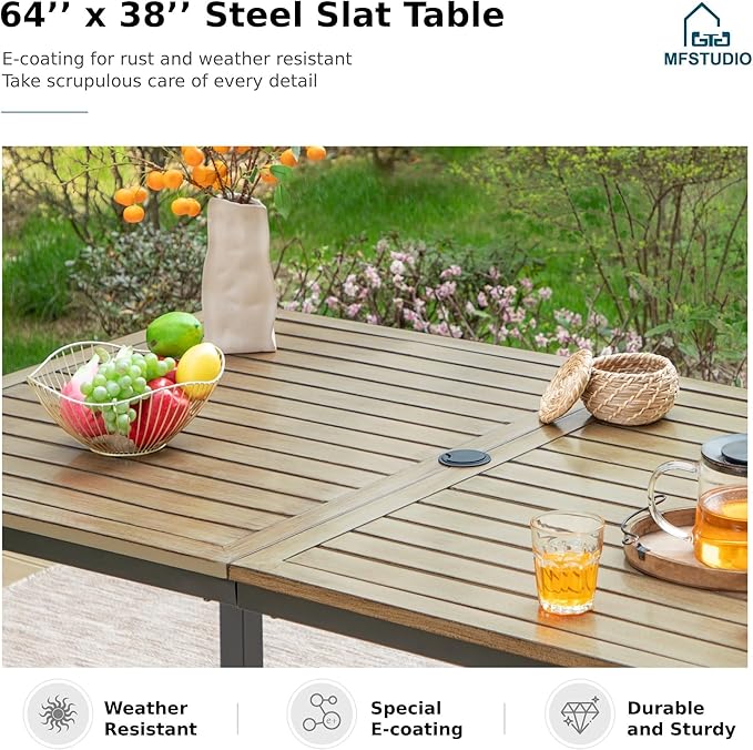 MFSTUDIO Outdoor Dining Set for 6, Patio Table and Chairs Set for Deck Backyard Garden, 7 Piece Patio Furniture Dining Set with with Umbrella Hole