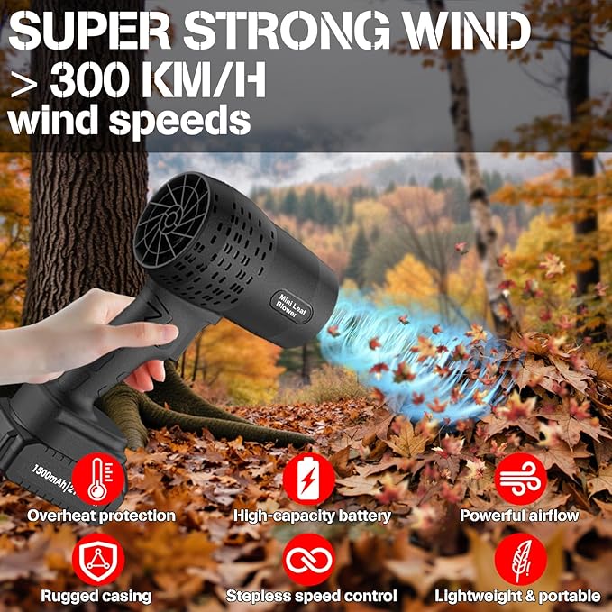 Leaf Blower with 21V*2 Pcs Batteries, 950000RPM Powerful Fan, High Variable Speed 200 MPH, Handheld Air Blower, Perfect for Car Drying, Patio Cleaning, Lawn Caring, Leaves Blowing (Black)