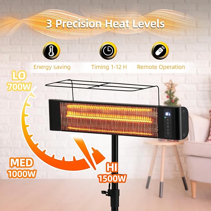 Electric Patio Heater 1500W Outdoor Portable Heaters for patio RealSmart Infrared Outdoor/Indoor Space Heater 3 Heat Modes Wall Mounted Tripod Heater IP65 TUV Certification for Garage Greenhouse