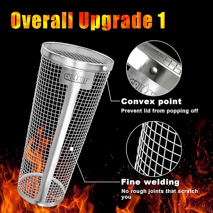 [Upgraded] Grill Basket 2 Pcs (Size XXL), Dishwasher Safe Rolling Grilling Baskets for Outdoor Grilling, Stainless Steel BBQ Grill Basket for Veggies, Grill Nets Cylinder, Gifts for Men/Dad