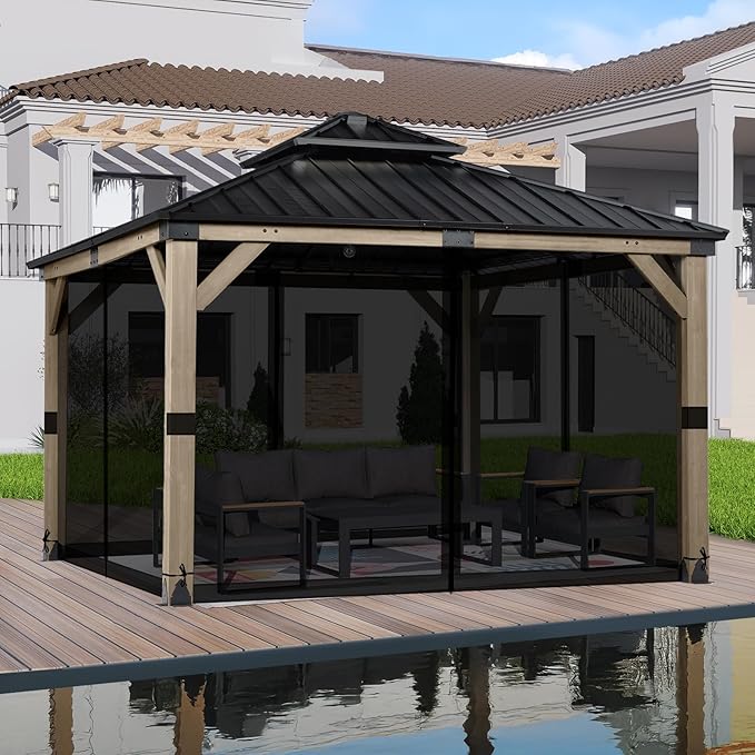 BPS 12' x 12' Gazebo Universal Mosquito Netting Screen Replacement, 4-Panel Screen Walls with Double Zippers for Outdoor Patio, Black (Mosquito Net Only)
