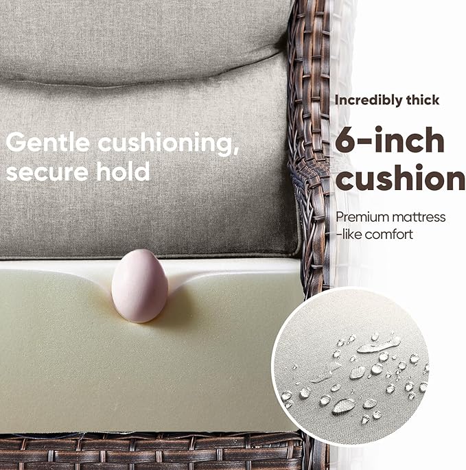 Swivel Patio Chairs Sofa Set of 8 with 6" Thick Cushion - Wicker Outdoor Swivel Rocker Patio Chair,Sofa/Glass Coffee Table, High Back Comfortable Outdoor Glider Chairs - Brown Wicker | Beige Cushions