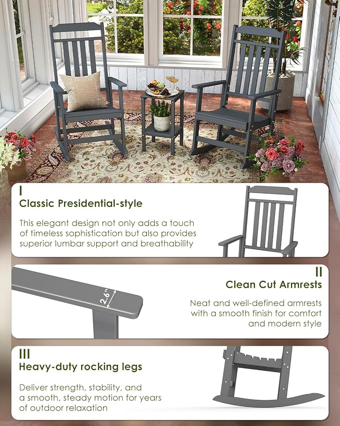 GREENVINES Outdoor-Rocking-Chairs-Set-of-4 | HDPE Plastic | Patio Rockers | Porch Rocker Chair | Oversized | High Back | Big & Tall | Grey