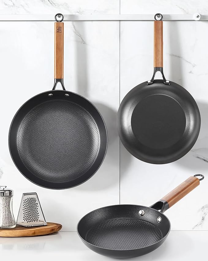 DM Cast Iron Skillet, 2 Piece Nonstick Frying Pan Set, 8 and 10 Inch with Detachable Acacia Wooden Handle, Honeycomb Non stick Omelet Egg Pan, Easy Clean Oven Safe Pans for Cooking