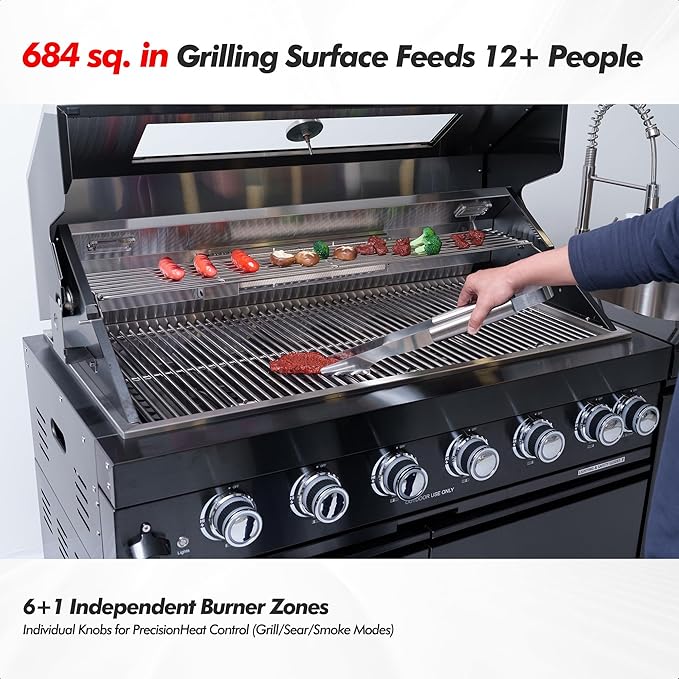 Outdoor Kitchen Island, 82 Inches 6-Burner 85000 BTU Stainless Steel Propane Gas Grill Combination With Refrigerator and Sink, Rotisserie Kit, Granite Countertops(Black Combo)