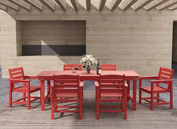 7-Piece Red HDPE Patio Table and Chairs Set, Weather Resistant Outdoor HDPE Dining Table Sets with Umbrella Hole for Lawn, Garden, Deck, Poolside, Balcony