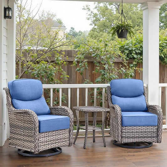 Swivel Patio Chairs Set of 3 with 6" Thick Cushion - Wicker Outdoor Swivel Rocker Patio Chairs with Side Table, High Back Comfortable Outdoor Glider- Grey Wicker | Blue Cushions