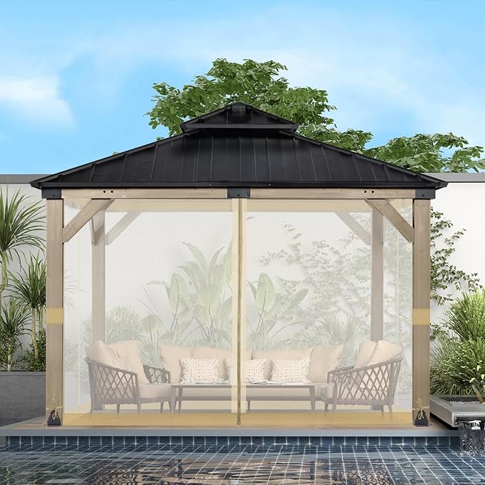 BPS 10' x 10' Gazebo Universal Mosquito Netting Screen Replacement, 4-Panel Screen Walls with Double Zippers for Outdoor Patio, Khaki (Mosquito Net Only)