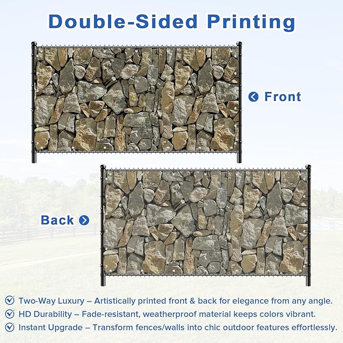 UPGRADE 3'x1'Customized PVC Privacy Fence Screen with Stone Wall Print – Outdoor Waterproof Patio Privacy Cover for Yard, Balcony, Garden Fence Decoration
