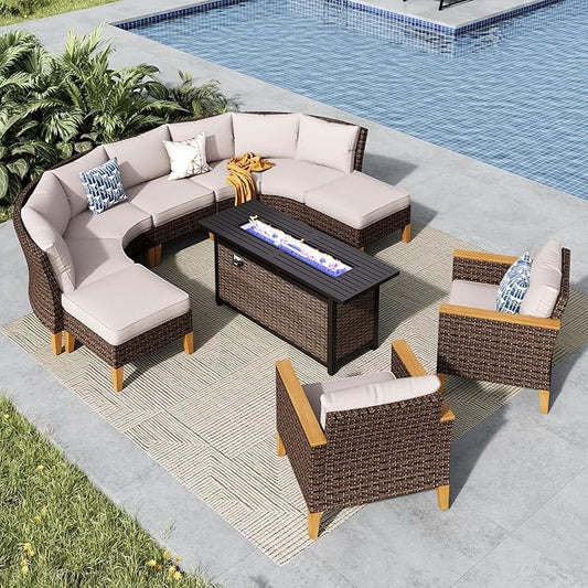 MFSTUDIO 10 Pieces Wicker Patio Furniture Set with 56" Fire Pit Table, Half-Moon Curved Outdoor Patio Sectional Sofas, Extra Large Rattan Outdoor Conversation Set for Garden, Backyard(Beige Cushion)