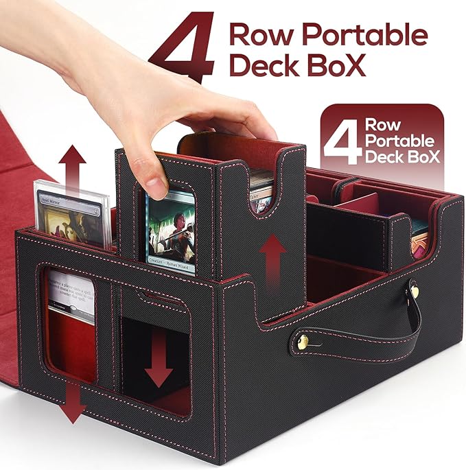Trading Card Storage Box for MTG, MTG commander deck box，Multi-purpose Deck Case for MTG TCG Sports Card, 4 Toploaders, 4 Stoppers, 4 Colorful Dividers (Black & Red)