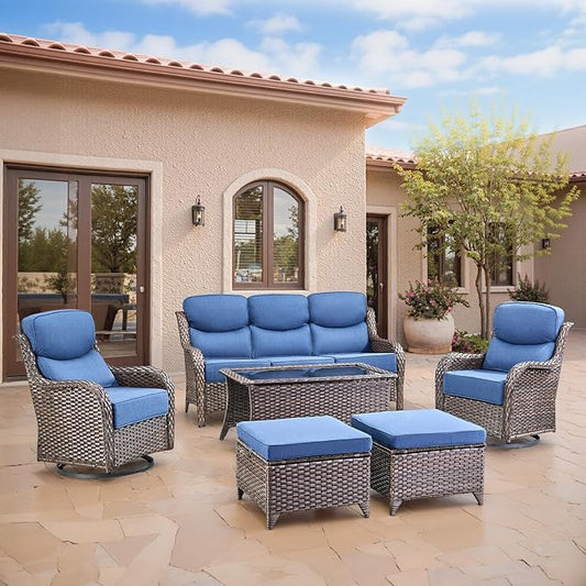 Swivel Patio Chairs sofa Set of 6 with 6" Thick Cushion - Wicker Outdoor Swivel Rocker Patio Chair ,Sofa/Glass coffee table, High Back Comfortable Outdoor Glider Chairs - Brown Wicker - Blue Cushions