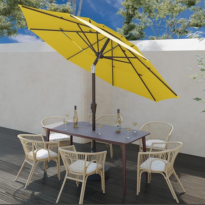 9FT 3 Tiers Patio Umbrella With Auto Tilt and Crank, Outdoor Table Market Umbrella with 8 Sturdy Ribs for Garden,Lawn,Deck,Backyard and Pool,Yellow