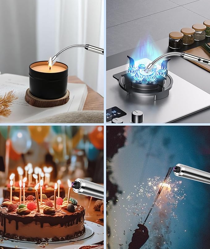 Ounil Electric Lighter Candle lighters USB Rechargeable Type-C Windproof Flameless arc Lighter LED Battery Display, Suitable for Light Candle Firework BBQ Camping (Silver