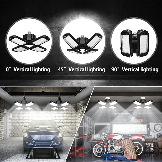2 Pack LED Garage Light, 150W 15000LM 6500K LED Shop Lights, Garage Lights Ceiling Led with 4 Deformable Panels, Screw in E26/E27 Bulb Socket for Warehouse, Basement, Attic, Barn, High Bay Lighting