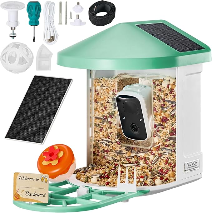 VEVOR Smart Bird Feeder Camera with 3 Solar Panels, Solar Powered Wireless Camera Bird Feeder with Live Video, AI Identify, Auto Detect & Instant Notify, and 2K Full HD, Ideal Gift for Bird Lover