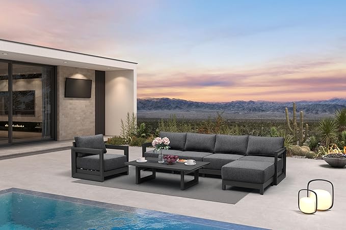 PURPLE LEAF Patio Furniture Set Open-End Outdoor Couch with 9.6" Thick Cushion and Soft Pillows 7 Piece Outdoor Sectional Sofas with Ottoman Modern Patio Conversation Sets for Yard Porch Deck, Grey