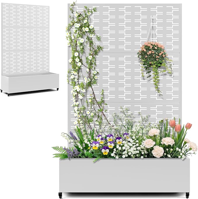 Metal Large Planter Box with Trellis, Raised Garden Beds with Privacy Screen & Wheels for Outdoor Plants, Planter Boxes with Drainage Holes (47" L×16" W×71" H, White Rectangle)