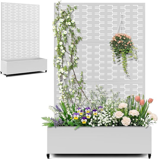 Metal Large Planter Box with Trellis, Raised Garden Beds with Privacy Screen & Wheels for Outdoor Plants, Planter Boxes with Drainage Holes (47" L×16" W×71" H, White Rectangle)