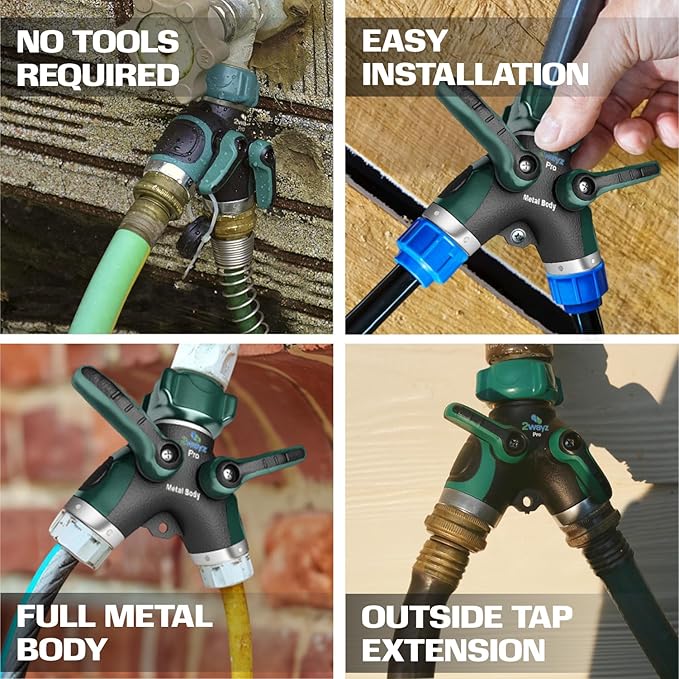 2WAYZ Hose Splitter 2 Way Heavy Duty Outdoor Faucet and Garden Connector - Water Spigot Splitter - Durable All-Metal Y Adapter with Shut-Off Valve - 4 x 4 x 1.5 Inches