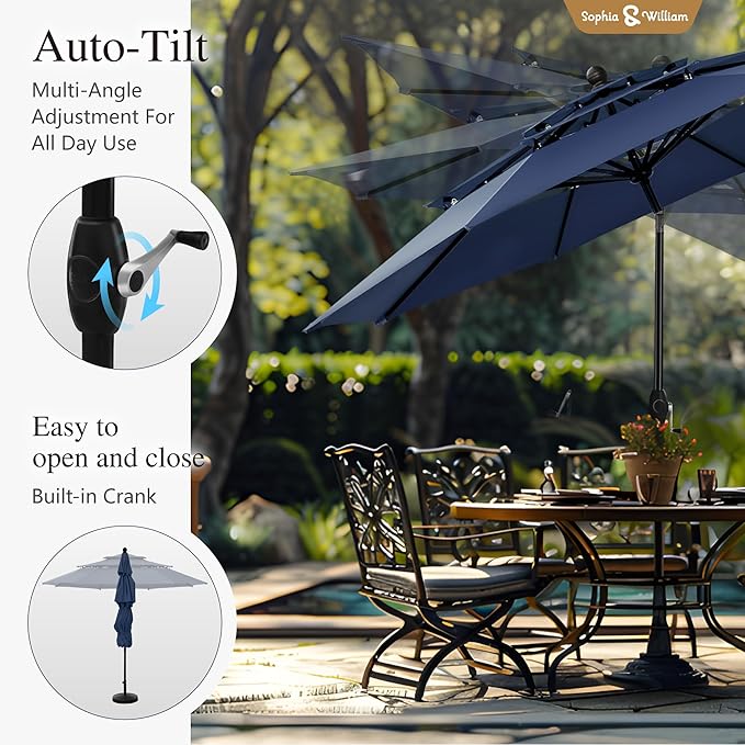Sophia & William 10ft 3 Tier Auto-tilt Patio Umbrella, Outdoor Double Vented Umbrella with Crank, Navy