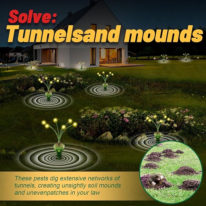 4 Pack Mole Repellent for Lawns Solar Powered Groundhog Spikes, Ultrasonic Mole Stakes for Yard, Waterproof Gopher Repellent to Get Rid of Chipmunk, Vole and Snake for Garden