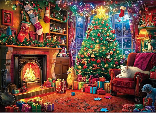 Christmas Cozy Scene 1000 Piece Jigsaw Puzzle for Adults - Festive Holiday Puzzle with Fireplace, Christmas Tree & Pets, Premium Quality for Relaxing & Gifting