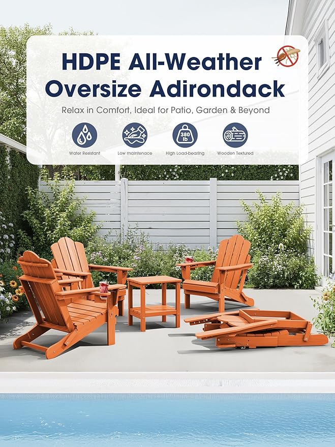 KINGYES Adjustable Folding Adirondack Chair, 3-Position Reclining Adirondack Chairs with Cup Holder, HDPE All-Weather Oversized Adirondack for Outdoor, Patio, Backyard Deck, Fire Pit, Orange