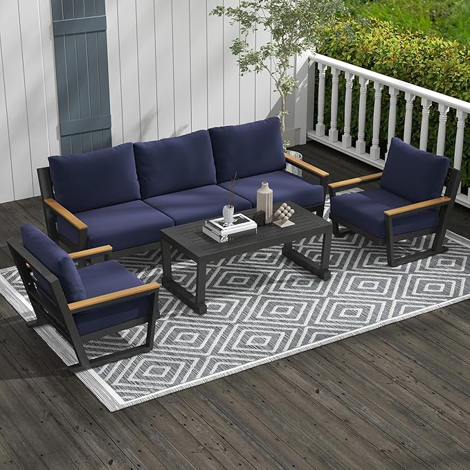 Aluminum Outdoor Furniture with Coffee Table,5 Seats Patio Furniture Set Sectional Waterproof Sofa with Conversation Set Table with Upgrade and Washable Cushion Blue