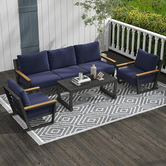 Aluminum Outdoor Furniture with Coffee Table,5 Seats Patio Furniture Set Sectional Waterproof Sofa with Conversation Set Table with Upgrade and Washable Cushion Blue