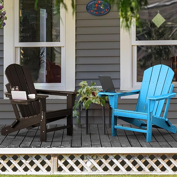 Adirondack Chair Set of 4, HDPE Folding Adirondack Chair with Multifunctional Cup Holder, Weather Resistant Fire Pit Chair for porches, patios, patios, poolsides, Decks.