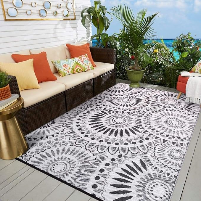 Reversible Outdoor/Indoor Plastic Straw Rugs Waterproof Portable Mat Easy to Clean Outdoor Patio Mat,Perfect for Garden, Patio, Picnic, Decking-（Grey,8x10Ft）