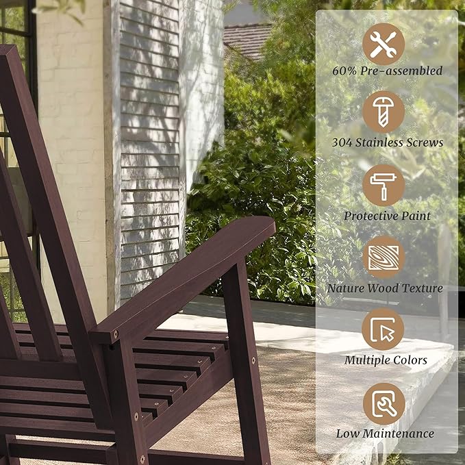 Outdoor Rocking Chairs Set of 2, Rocking Chair Outdoor All Weather Wooden Rockers, Heavy Duty 350lbs, High Back Wide Seat Patio Chairs for Porch, Backyard, Garden, Espresso