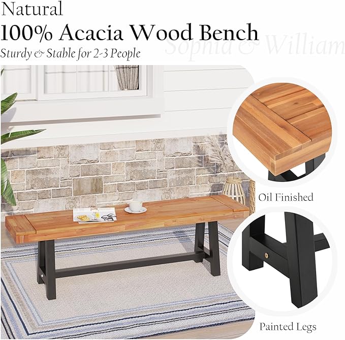 Sophia & William Outdoor Bench Garden Bench Wood 63", Patio Dining Bench Weatherproof, Wooden Park Front Porch Benches for Outside, Backless Acacia Wood Bench Long Narrow Clearance, 2 Pack, Teak