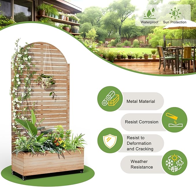 FENCY Metal Raised Garden Bed with Wheels and Trellis,Arched 73"x35"x16" Planter Box for Climbing Plants, Vegetables & Vines, Features Privacy Screen and Drainage Holes (Acacia Wood Finish)