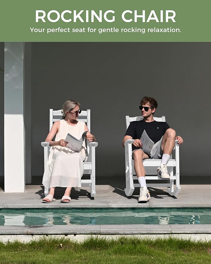Oversized Outdoor Rocking Chair, High Back Porch Rocker Chair, HDPE All Weather Resistant Rocking Chairs for Patio,380lbs Weight Capacity, White