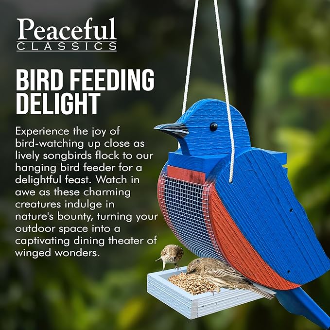 Peaceful Classics Bluebird Bird Feeder, Wooden, Hanging, Easy Refill Top, Seed, Fruit, Nectar