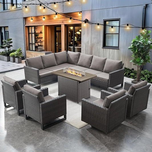 HUMMUH 8 Piece Patio Furniture with Fire Pit,PE Wicker Outdoor Conversation Sets-6-Seater Sofa,Patio Swivel Chairs Outdoor Chairs, Propane Fire Pit,Side Table for Porch,Garden,Backyard(Brown/Grey)