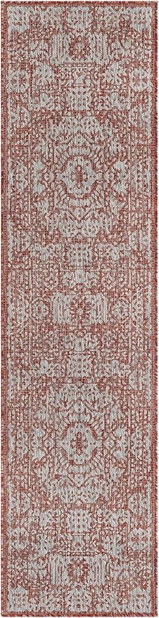 Unique Loom Outdoor Traditional Collection Area Rug - Timeworn (2' x 8' Runner Rust Red/Gray)